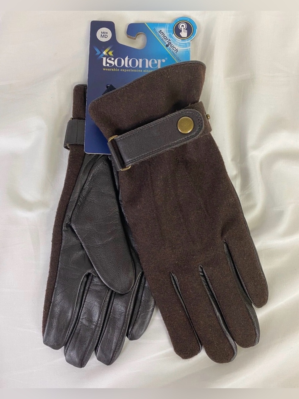 Isotoner Men's Smart Touch Leather Palm Flannel Gloves Saddle Brown Medium NWT